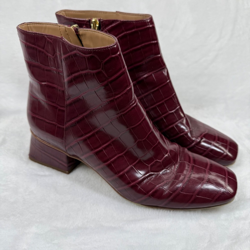 Circus by Sam Edelman Burgundy Croc Embossed Square Toe Block Heel Ankle Boots 9
